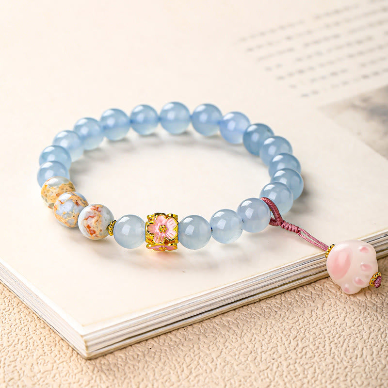 Wear FengShui Blue Chalcedony Fu Character Cat Paw Healing Bracelet