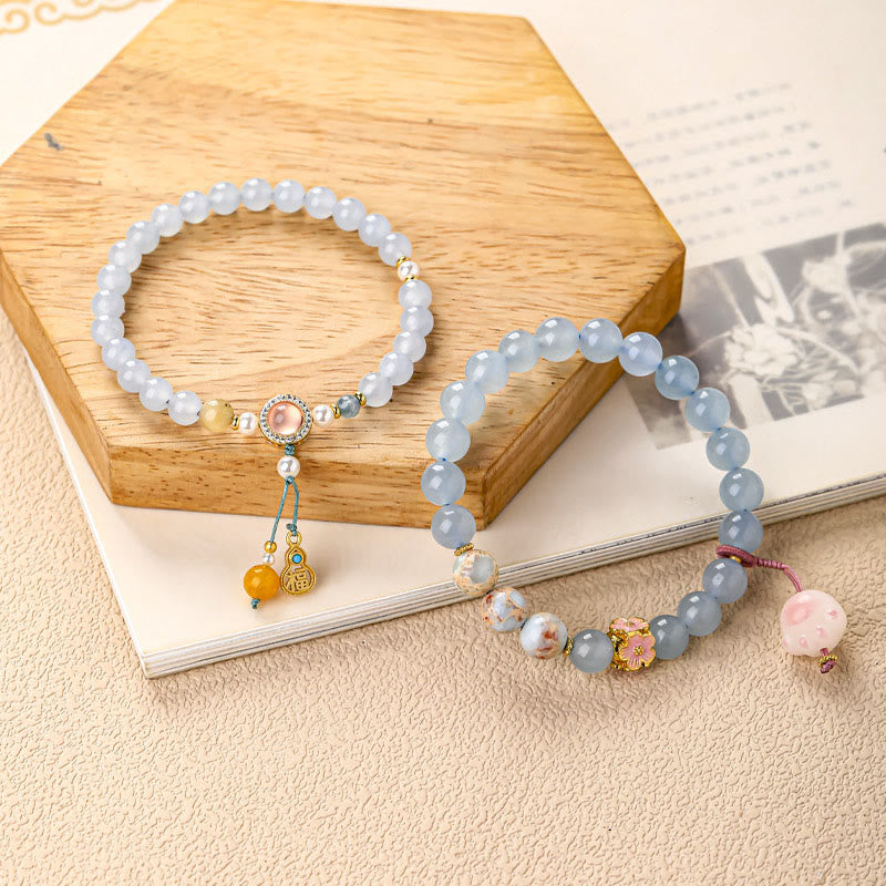 Wear FengShui Blue Chalcedony Fu Character Cat Paw Healing Bracelet