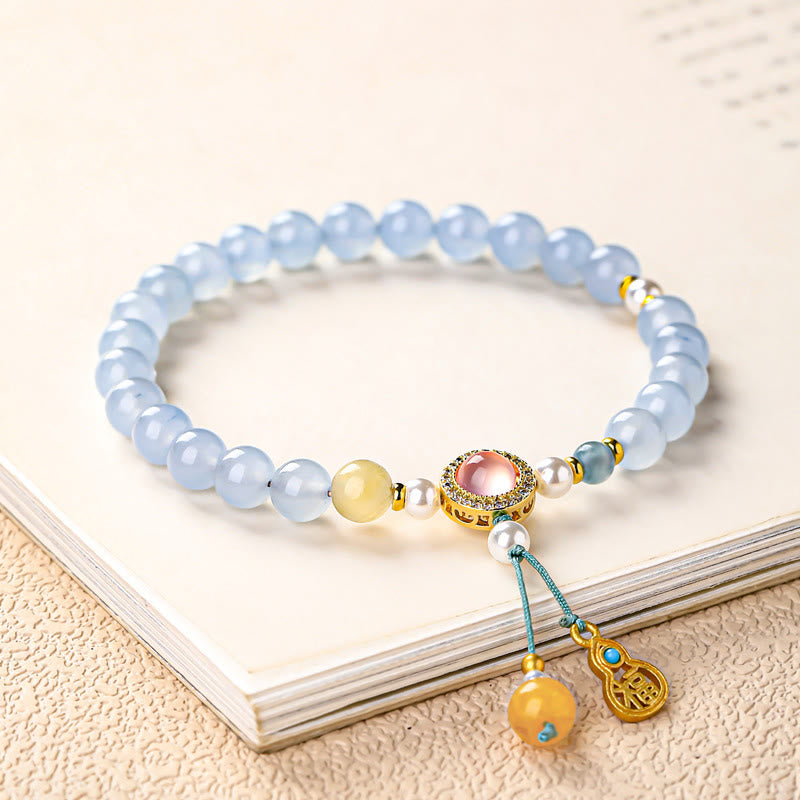Wear FengShui Blue Chalcedony Fu Character Cat Paw Healing Bracelet