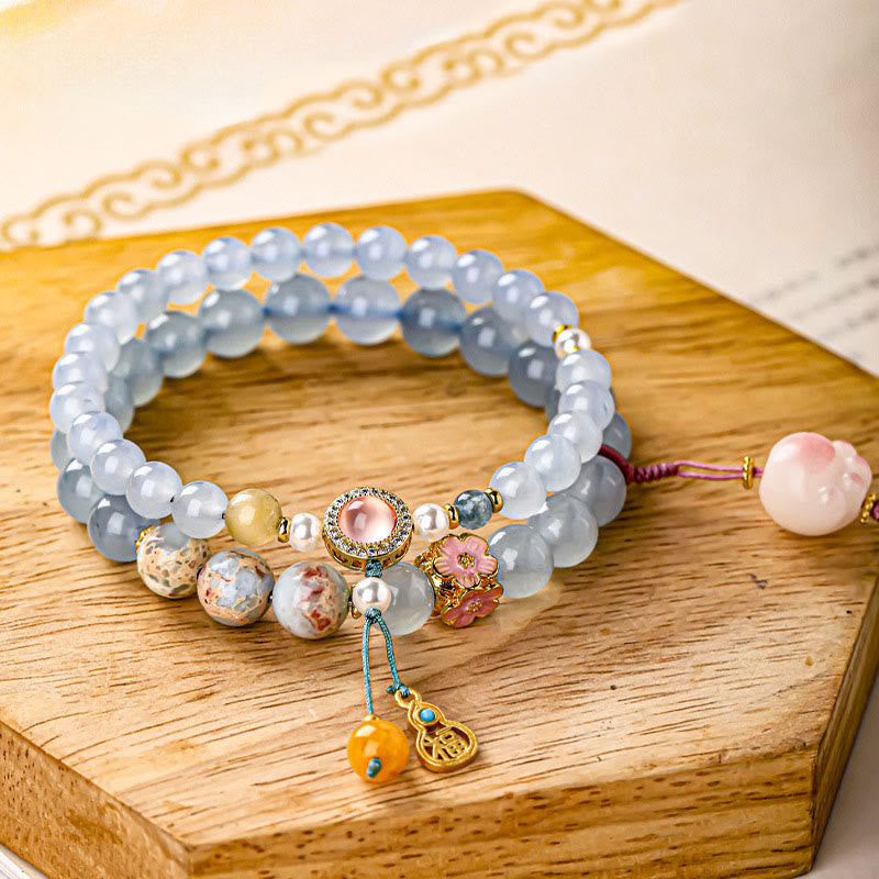 Wear FengShui Blue Chalcedony Fu Character Cat Paw Healing Bracelet