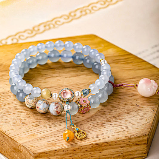Wear FengShui Blue Chalcedony Fu Character Cat Paw Healing Bracelet