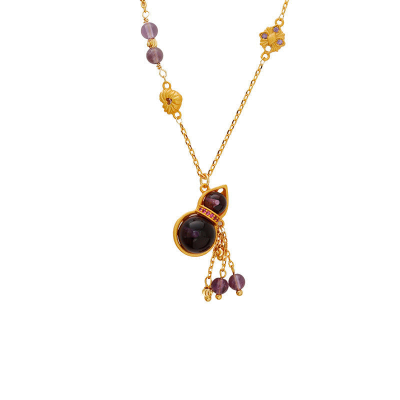 Wear FengShui Gourd Tassel Amethyst Copper Chain Meditation Necklace Pendant