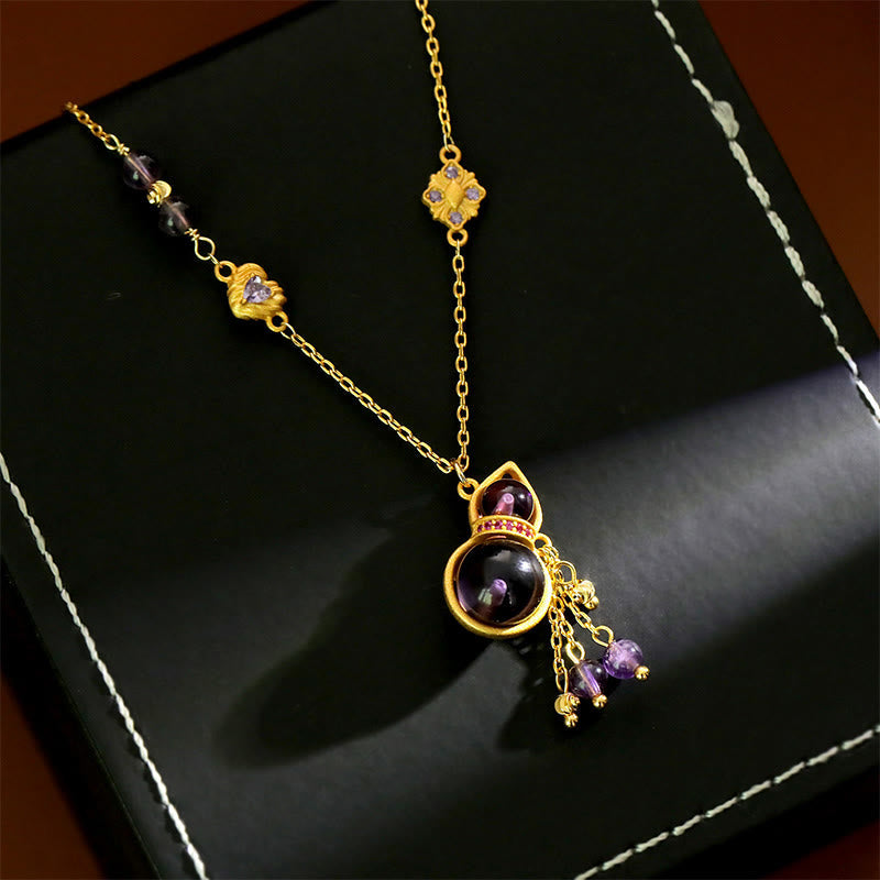 Wear FengShui Gourd Tassel Amethyst Copper Chain Meditation Necklace Pendant