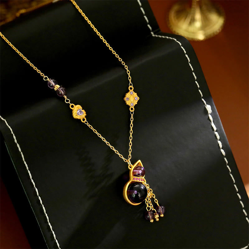 Wear FengShui Gourd Tassel Amethyst Copper Chain Meditation Necklace Pendant