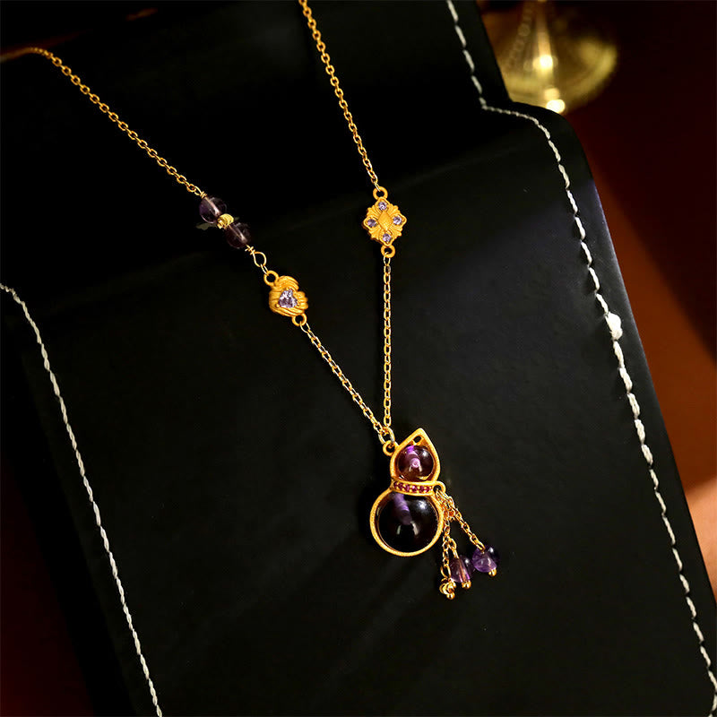Wear FengShui Gourd Tassel Amethyst Copper Chain Meditation Necklace Pendant