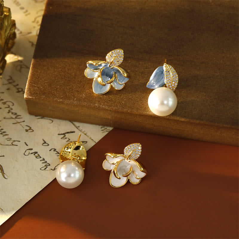 Wear FengShui Camellia Flower Zircon Copper Luck Stud Earrings