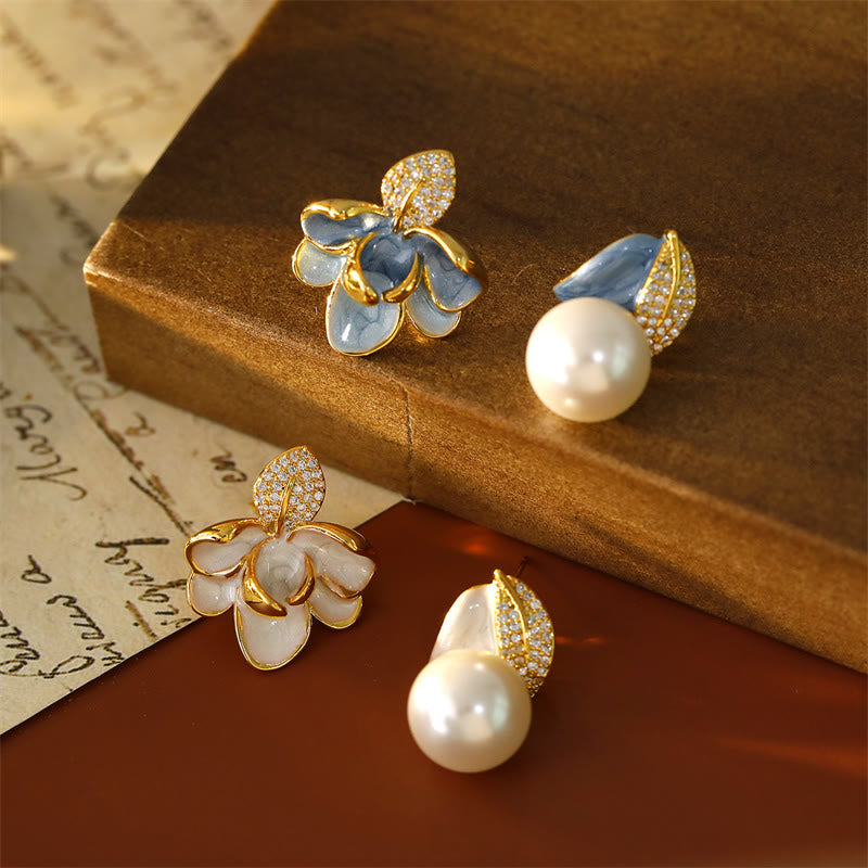 Wear FengShui Camellia Flower Zircon Copper Luck Stud Earrings