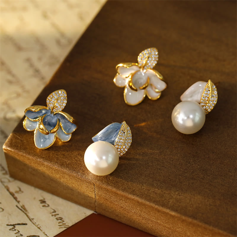 Wear FengShui Camellia Flower Zircon Copper Luck Stud Earrings