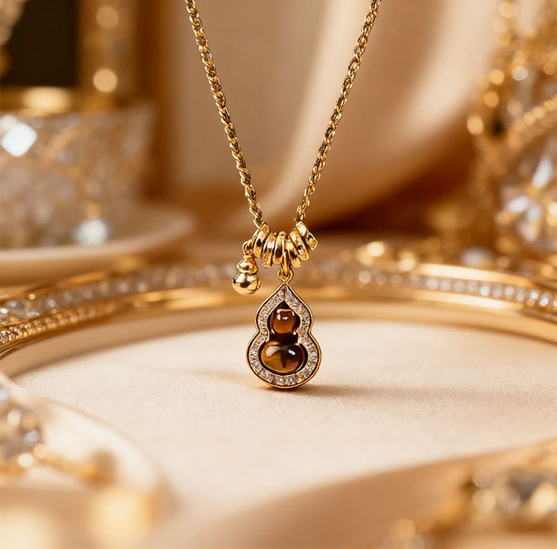Wear FengShui Double Gourd Tiger Eye Copper Plated Gold Strength Necklace Pendant