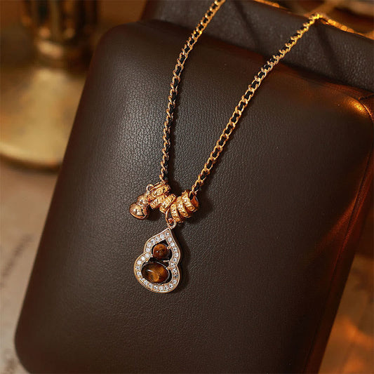 Wear FengShui Double Gourd Tiger Eye Copper Plated Gold Strength Necklace Pendant