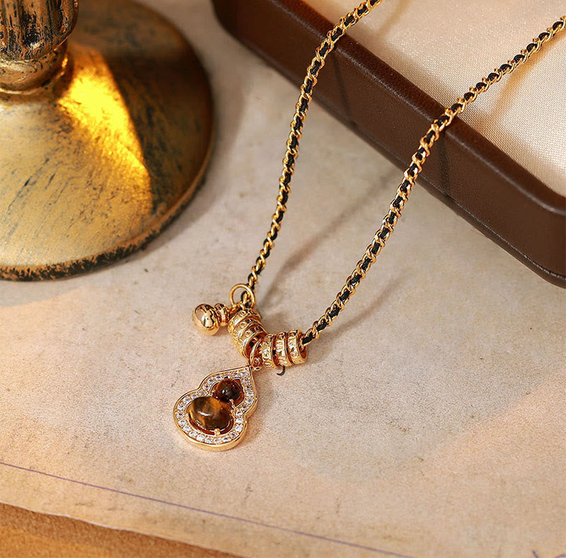 Wear FengShui Double Gourd Tiger Eye Copper Plated Gold Strength Necklace Pendant