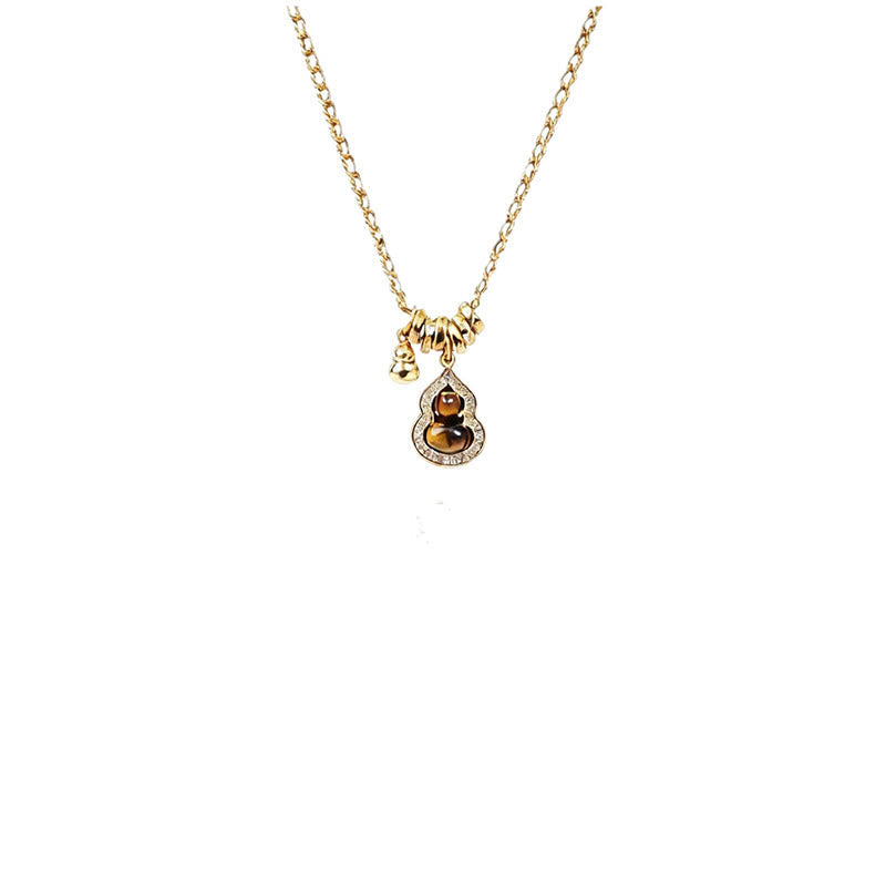 Wear FengShui Double Gourd Tiger Eye Copper Plated Gold Strength Necklace Pendant