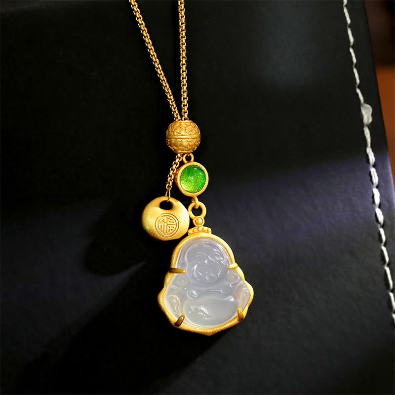 Wear FengShui Fu Character Laughing Buddha Chalcedony Copper Fortune Necklace Pendant