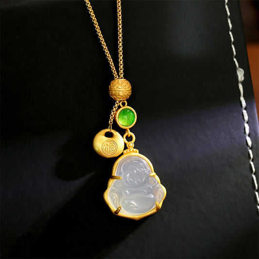 Wear FengShui Fu Character Laughing Buddha Chalcedony Copper Fortune Necklace Pendant