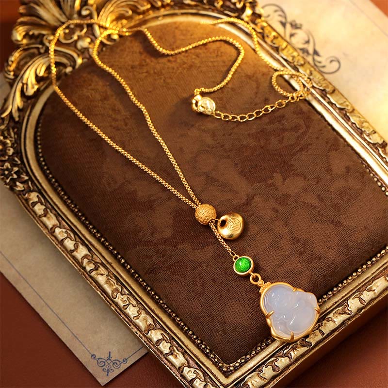 Wear FengShui Fu Character Laughing Buddha Chalcedony Copper Fortune Necklace Pendant