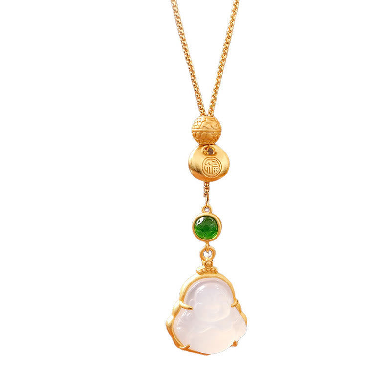 Wear FengShui Fu Character Laughing Buddha Chalcedony Copper Fortune Necklace Pendant