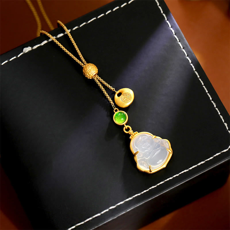 Wear FengShui Fu Character Laughing Buddha Chalcedony Copper Fortune Necklace Pendant