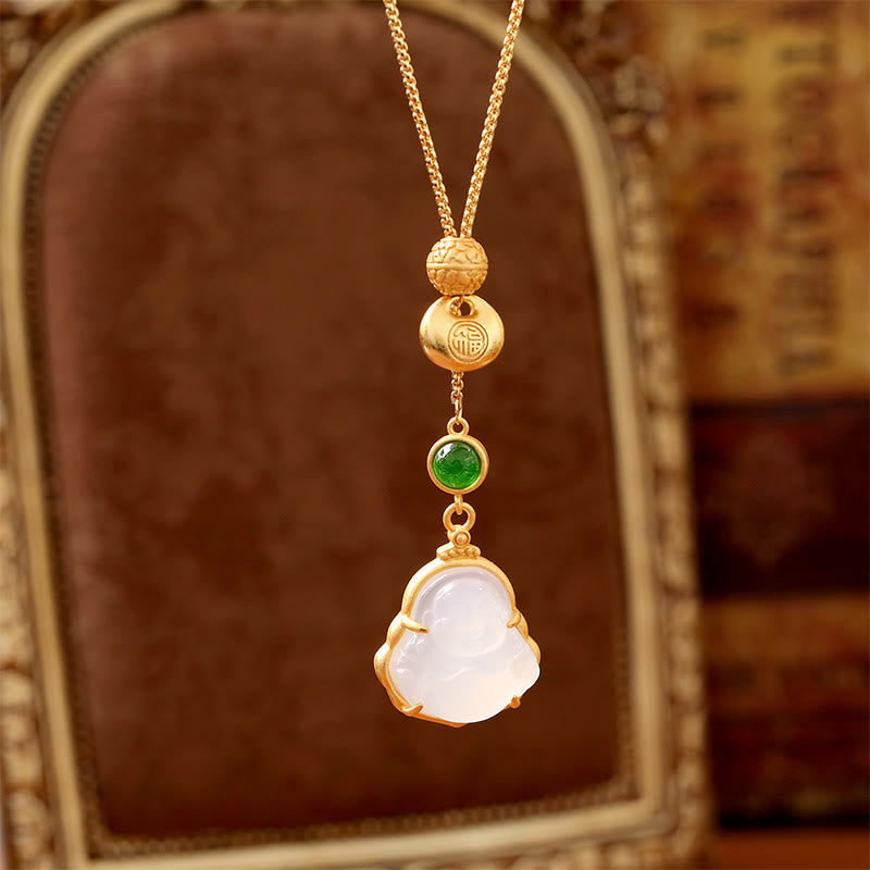 Wear FengShui Fu Character Laughing Buddha Chalcedony Copper Fortune Necklace Pendant