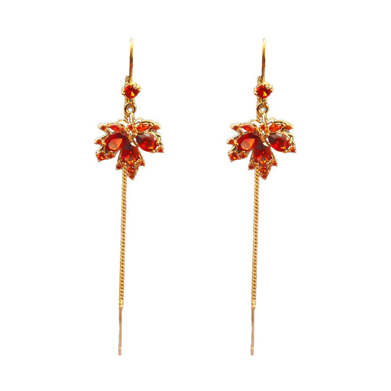 Wear FengShui Maple Leaf Red Zircon Copper Luck Drop Dangle Earrings