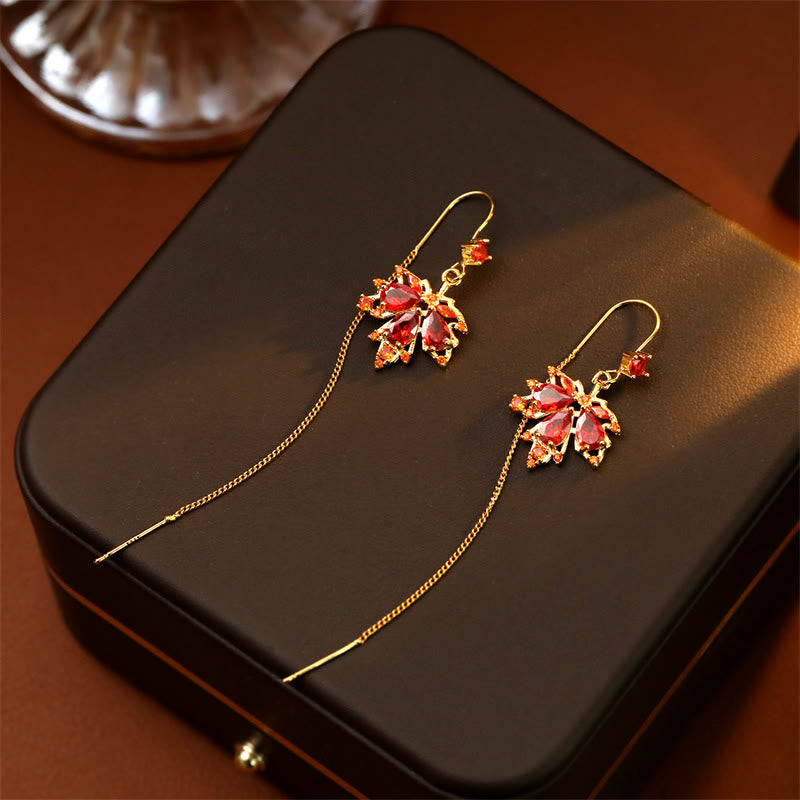 Wear FengShui Maple Leaf Red Zircon Copper Luck Drop Dangle Earrings
