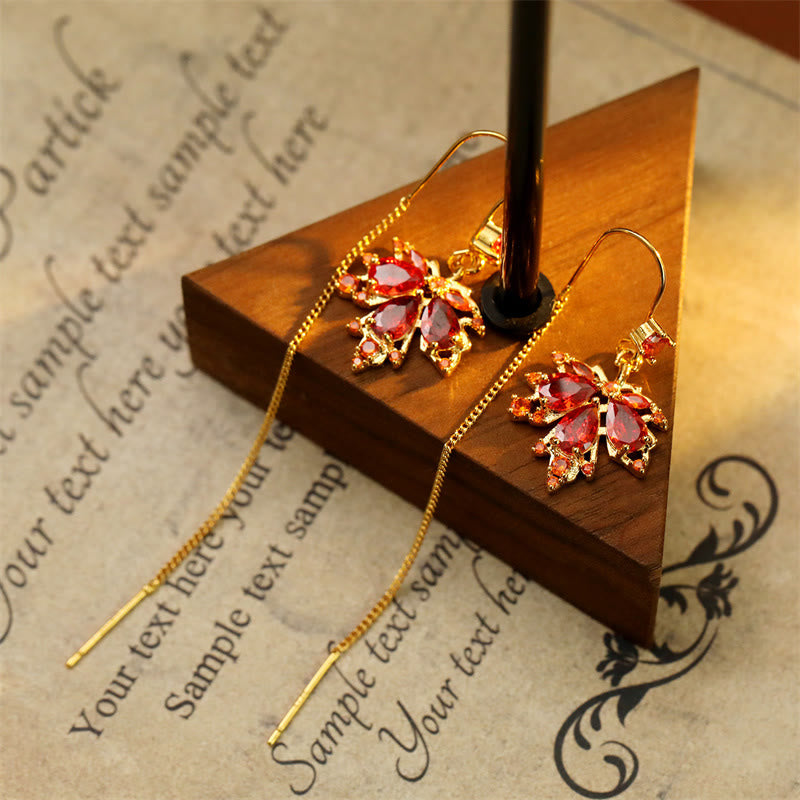 Wear FengShui Maple Leaf Red Zircon Copper Luck Drop Dangle Earrings