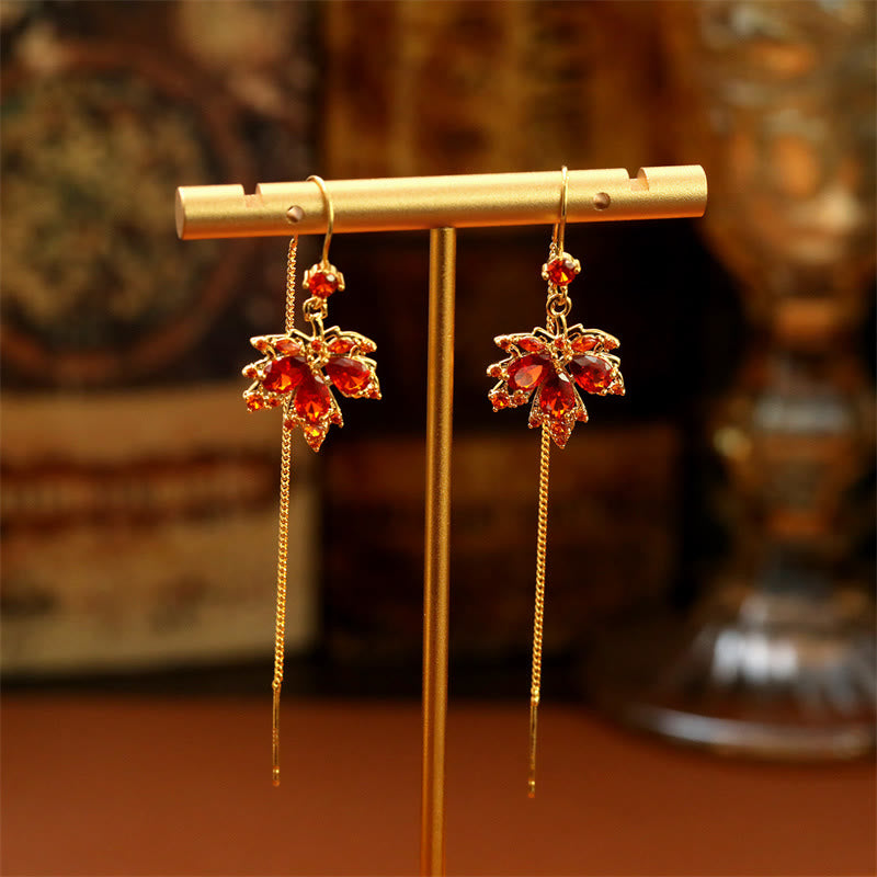 Wear FengShui Maple Leaf Red Zircon Copper Luck Drop Dangle Earrings