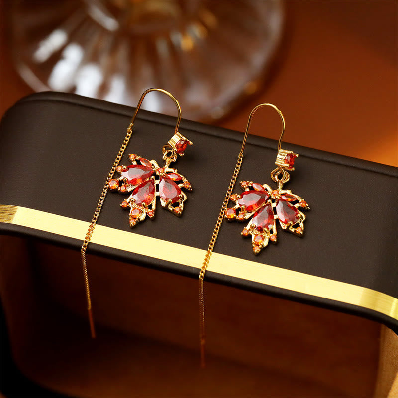 Wear FengShui Maple Leaf Red Zircon Copper Luck Drop Dangle Earrings