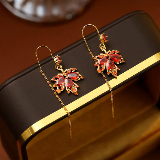 Wear FengShui Maple Leaf Red Zircon Copper Luck Drop Dangle Earrings
