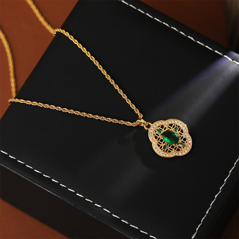 Wear FengShui Four Leaf Clover Hollow Design Copper Plated Gold Chain Luck Necklace Pendant