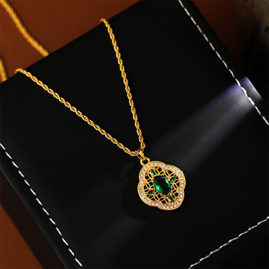 Wear FengShui Four Leaf Clover Hollow Design Copper Plated Gold Chain Luck Necklace Pendant