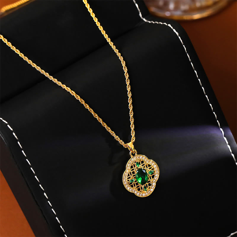 Wear FengShui Four Leaf Clover Hollow Design Copper Plated Gold Chain Luck Necklace Pendant