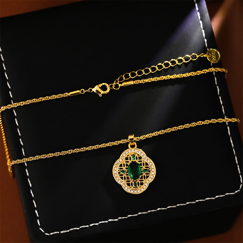 Wear FengShui Four Leaf Clover Hollow Design Copper Plated Gold Chain Luck Necklace Pendant