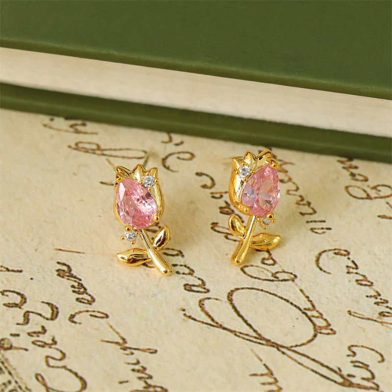 Wear FengShui Pink Purple Tulip Zircon Copper Healing Stud Earrings