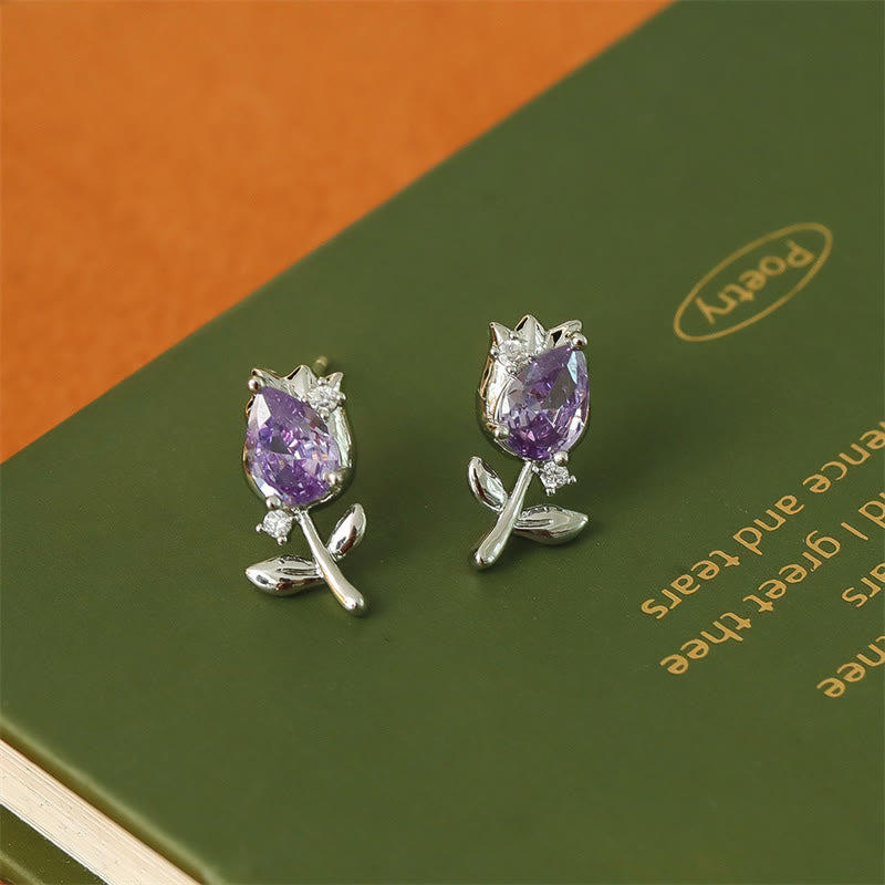 Wear FengShui Pink Purple Tulip Zircon Copper Healing Stud Earrings