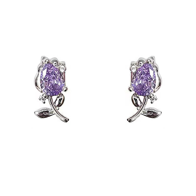 Wear FengShui Pink Purple Tulip Zircon Copper Healing Stud Earrings