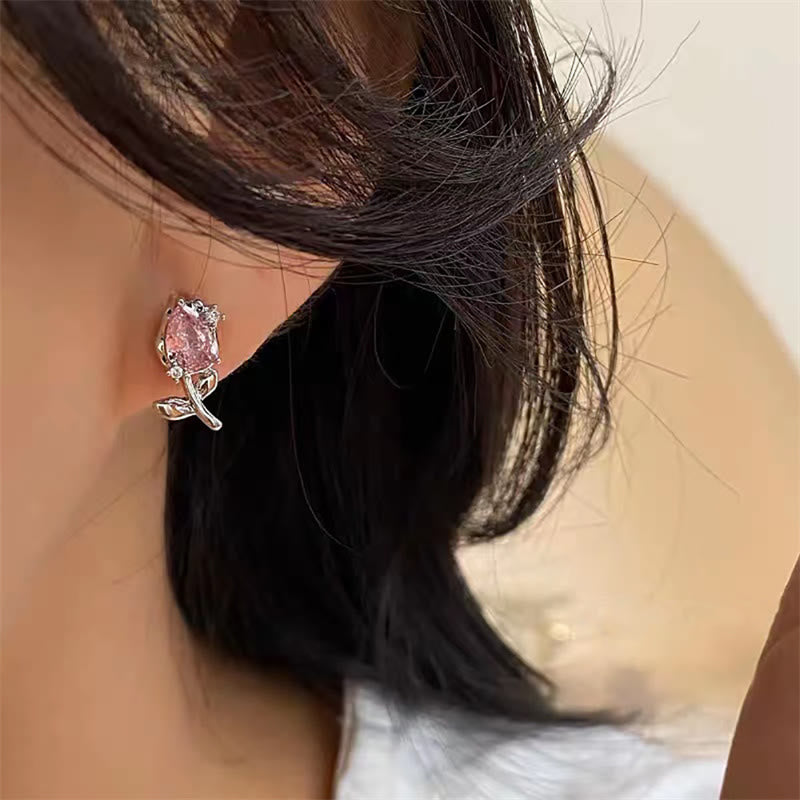Wear FengShui Pink Purple Tulip Zircon Copper Healing Stud Earrings