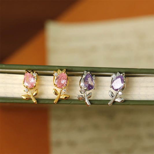 Wear FengShui Pink Purple Tulip Zircon Copper Healing Stud Earrings