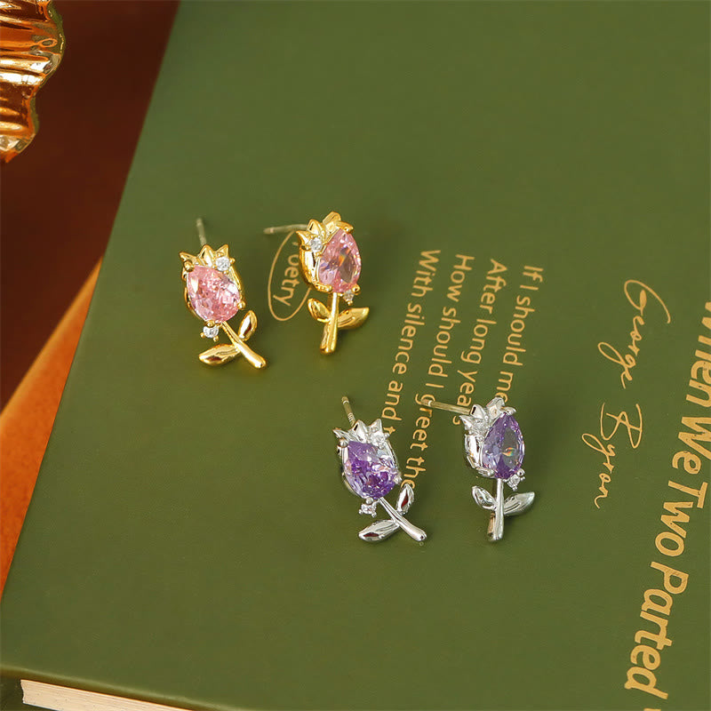 Wear FengShui Pink Purple Tulip Zircon Copper Healing Stud Earrings