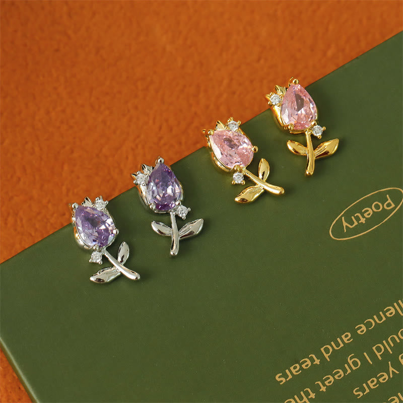 Wear FengShui Pink Purple Tulip Zircon Copper Healing Stud Earrings