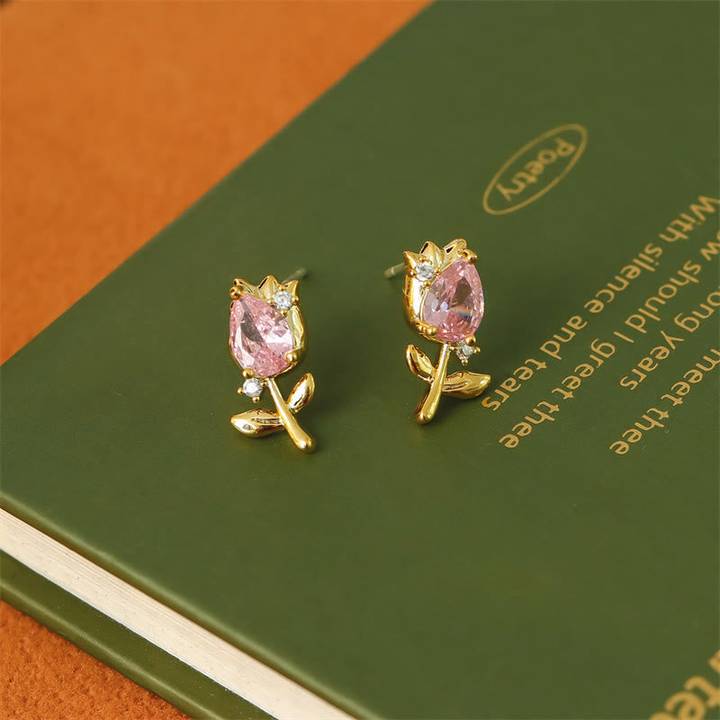 Wear FengShui Pink Purple Tulip Zircon Copper Healing Stud Earrings