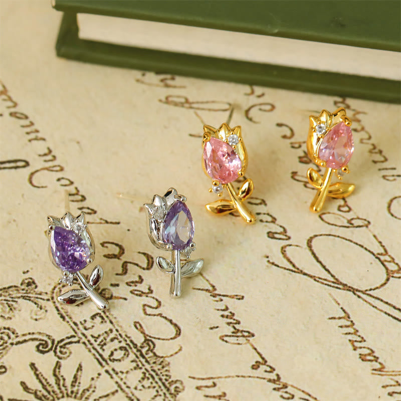 Wear FengShui Pink Purple Tulip Zircon Copper Healing Stud Earrings