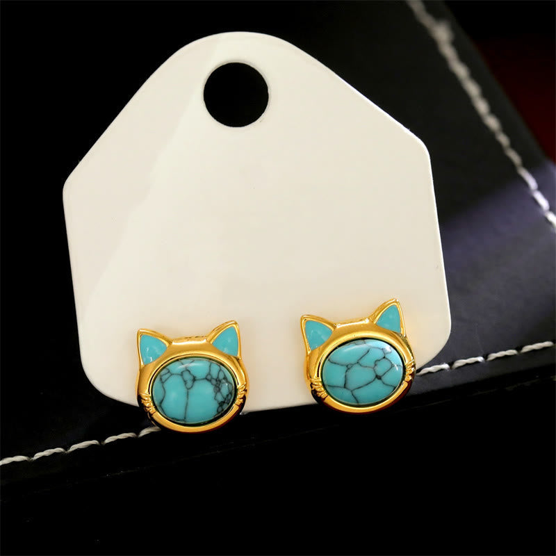 Wear FengShui Turquoise Tiger Eye Cat Head Design Copper Protection Stud Earrings