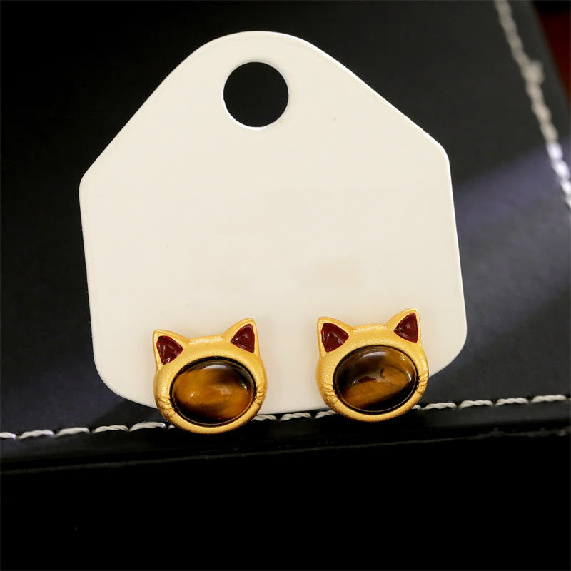 Wear FengShui Turquoise Tiger Eye Cat Head Design Copper Protection Stud Earrings