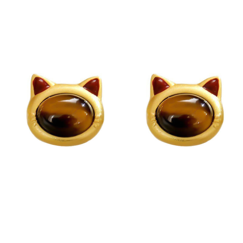 Wear FengShui Turquoise Tiger Eye Cat Head Design Copper Protection Stud Earrings