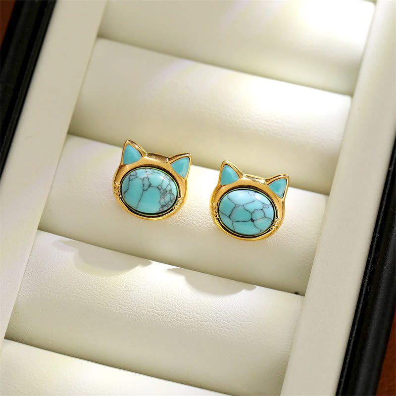 Wear FengShui Turquoise Tiger Eye Cat Head Design Copper Protection Stud Earrings