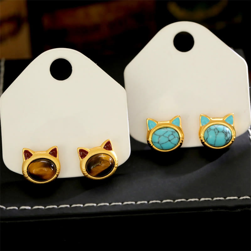 Wear FengShui Turquoise Tiger Eye Cat Head Design Copper Protection Stud Earrings