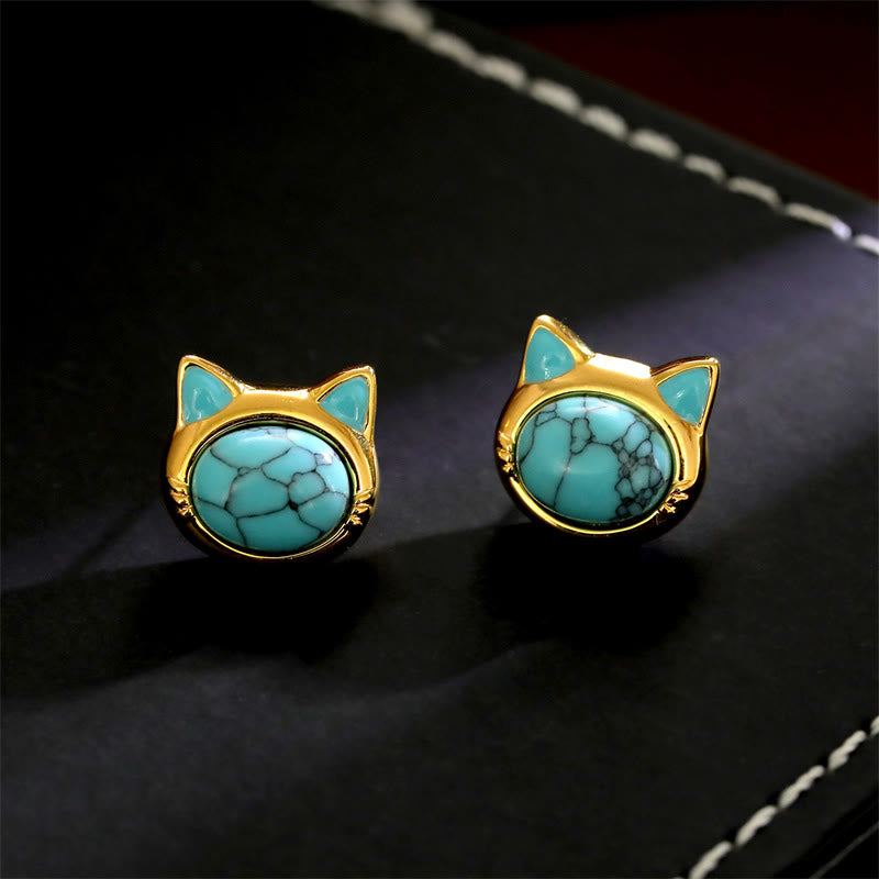Wear FengShui Turquoise Tiger Eye Cat Head Design Copper Protection Stud Earrings