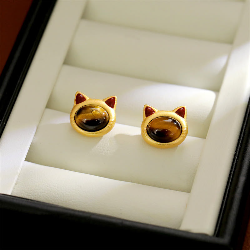 Wear FengShui Turquoise Tiger Eye Cat Head Design Copper Protection Stud Earrings