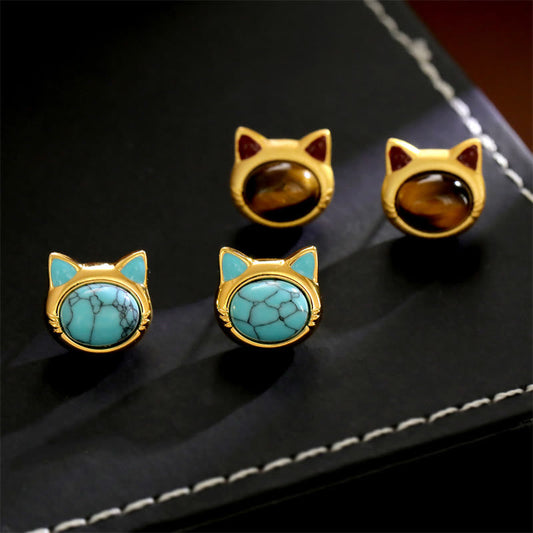 Wear FengShui Turquoise Tiger Eye Cat Head Design Copper Protection Stud Earrings