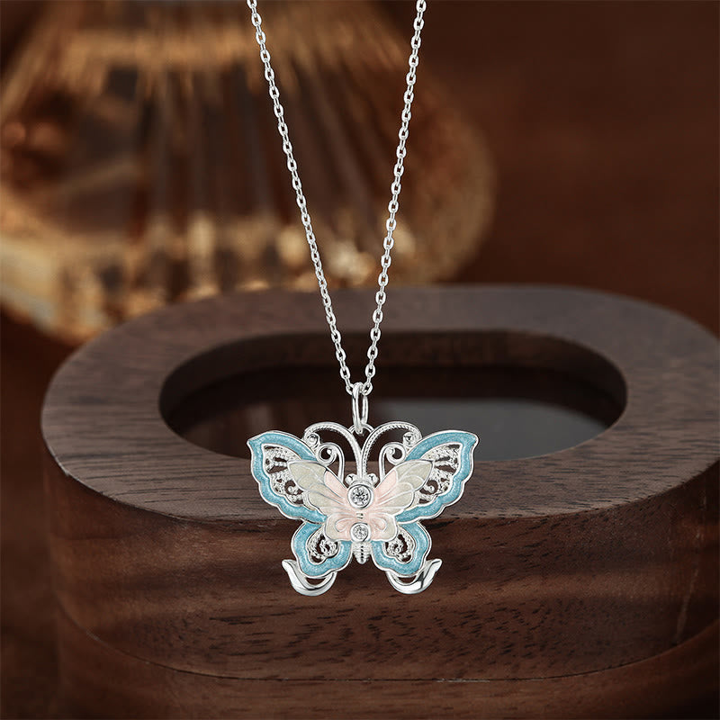 Wear FengShui 999 Sterling Silver Butterfly Blue Enamel Protection Necklace Pendant